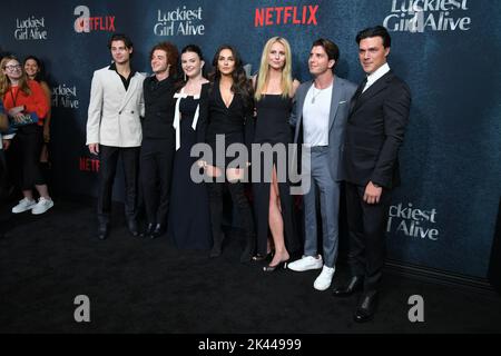 Carson MacCormac, Thomas Barbusca, Chiara Aurelia, Mila Kunis, Justine Lupe, Finn Wittrock with cast and crew attend Netflix's 'Luckiest Girl Alive' p Stock Photo