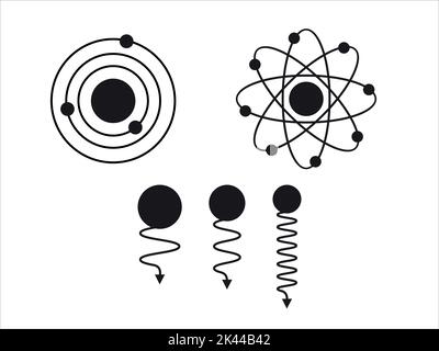 Set of Vector science model of Atom. Around the atom, gamma waves, protons, neutrons  and electrons. Vector icons of atom molecule on isolated backgro Stock Vector