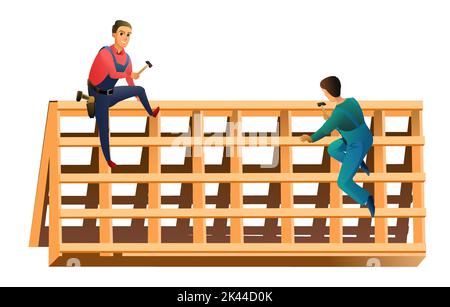 Workers work on roof. Construction of rafters and battens. Service illustration Isolated on white background. Tiling roofing material. Vector Stock Vector
