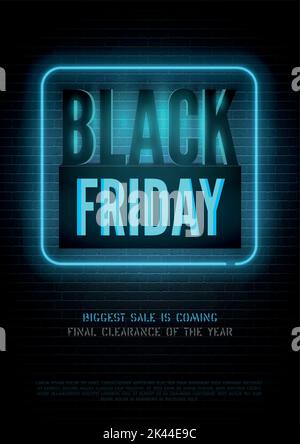 Black Friday Seasonal clearance, luxury store special price offer banner design with copyspace. Big discounts realistic vector flyer template. Stylish red sale advert neon light on dark background. Stock Vector