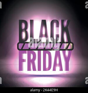 Black friday offer with Spotlight illuminated text on dark background. Trendy sale coming discounts advert and with progress bar. Special price pink banner design. Minimalistic vector poster template. Stock Vector