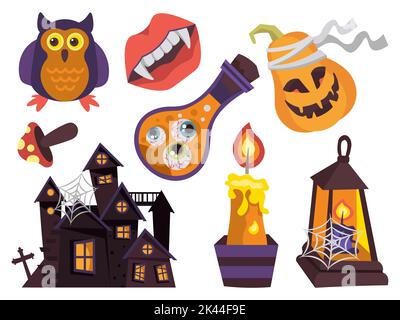 halloween sticker set vector scary pumpkin house in bandage lamp Stock Vector