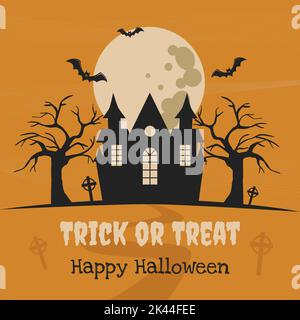 Lettering Happy Halloween and Trick or Treat Haunted house on grave hill and trees on full moon background Stock Vector