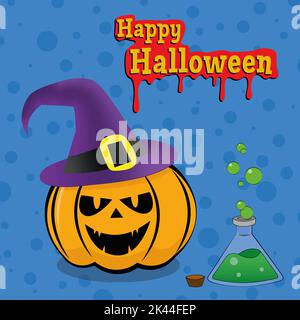halloween card with pumpkin in witch hat and illustration Stock Vector