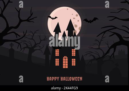 Lettering Happy Halloween scary haunted castle in cemetery trees bats and full moon Stock Vector