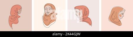 Women in hijab collection, vector logo and branding design templates in minimal style, for beauty center, fashion studio, haircut salon and cosmetics Stock Vector