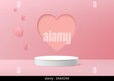 Realistic podium white 3D cylinder pedestal with pink heart peper cut shape background. Valentine minimal scene for products showcase, Promotion displ Stock Vector