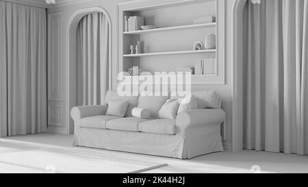 Total white project draft, classic living room, molded walls with bookshelf. Arched doors with curtains and parquet floor. Modern sofa and carpet. Con Stock Photo