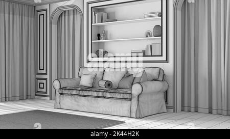 Blueprint unfinished project draft, classic living room, molded walls with bookshelf. Arched doors with curtains and parquet. Modern sofa and carpet. Stock Photo