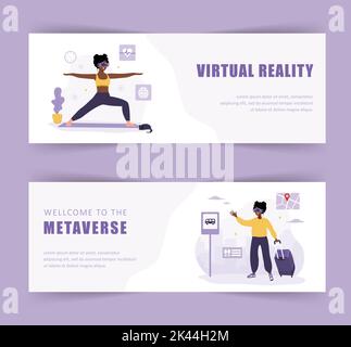Metaverse banners. African women wearing VR headset. Virtual reality and Cyberspace. Modern technology entertainment. Vector illustration in flat Stock Vector