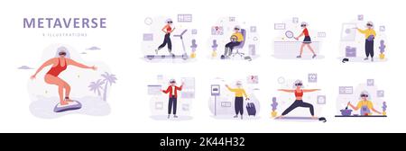 Metaverse concept. Elderly women in VR headsets working, doing sport and painting. Video game simulator. Modern technological entertainment. Set of Stock Vector