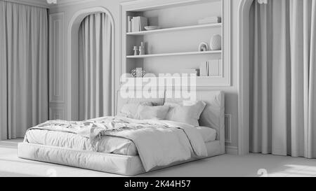 Total white project draft, classic bedroom. Double modern bed and carpet, arched walls with curtains. Molded walls and bookshelf, parquet. Neoclassic Stock Photo