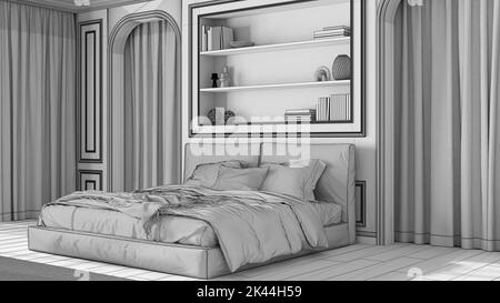 Blueprint unfinished project draft, classic bedroom. Double modern bed and carpet, arched walls with curtains. Molded walls and bookshelf, parquet. Ne Stock Photo