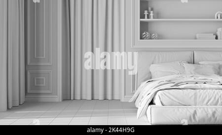 Total white project draft, classic bedroom close up. Double modern bed and carpet, arched walls with curtains. Molded walls and bookshelf, parquet. Ne Stock Photo