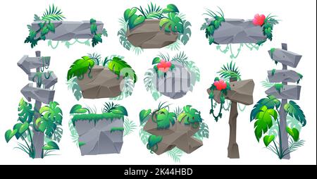Stone signboards in jungle, pointers and panels with green leaves and lianas. Vector cartoon set of rock boards and direction signs with tropical fore Stock Vector