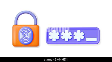 3D Password Field and Padlock with Fingerprint Stock Vector