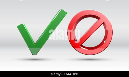 Allowed and forbidden signs with green V and red crossed circle in glossy realistic 3D style. Symbols of approval, rejection, checkmark, yes no marks. Stock Vector