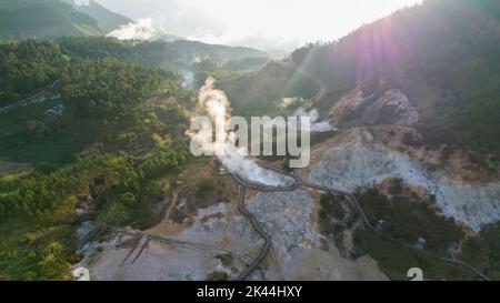 Aerial view of Sikidang Crater at Dieng Plateau, an Active Volcano Crater. Wonosobo, Indonesia, September 30, 2022 Stock Photo