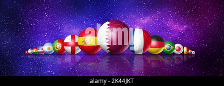 Football soccer balls with team national flags on a space sky. Qatar 2022. 3D illustration. Horizontal banner Stock Photo