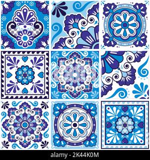 Mexican talavera style tile vector seamless pattern navy blue collection, decorative indigo tiles with flowers, swirls inspired by folk art from Mexic Stock Vector