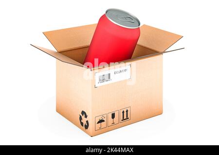 Drink can inside parcel, 3D rendering isolated on white background Stock Photo