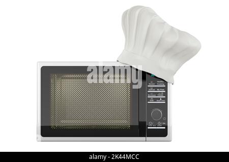 Microwave oven with Chefs Hat, cooking concept. 3D rendering isolated on white background Stock Photo