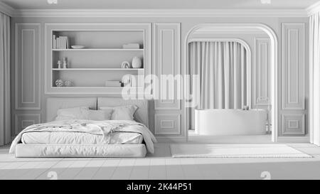 Total white project draft, classic bedroom and bathroom. Modern bed and carpet, arched walls with curtains, freestanding bathtub. Molded walls, parque Stock Photo