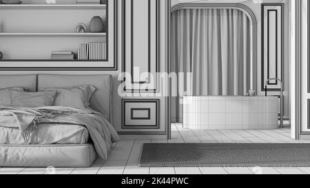 Blueprint unfinished project draft, classic bathroom and bedroom. Bed and carpet, arched walls with curtains and bathtub. Molded walls, parquet. Neocl Stock Photo