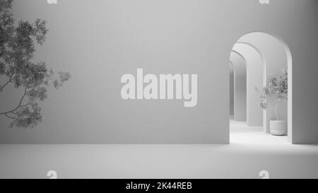 Total white project draft, classic metaphysics surreal interior design, empty space with resin floor, archway with stucco walls, plaster, unusual arch Stock Photo