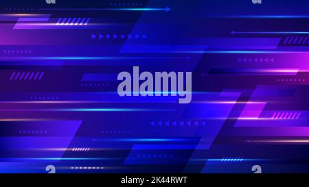 Abstract technology futuristic blue and pink neon color geometric arrows shapes motion background. Template with header and footer for brochure, print Stock Vector
