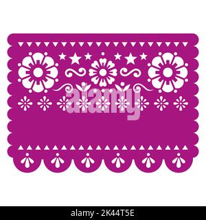 Papel Picado vector party template design with flowers, stars and space for text, retro Mexican paper cutout pattern, traditional decoration perfect f Stock Vector