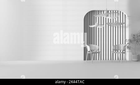 Total white project draft, classic metaphysics surreal interior design, living sitting room, chairs, empty space, resin floor, stucco walls, unusual a Stock Photo