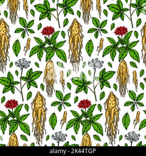 Colorful Hand drawn ginseng seamless pattern. Vector illustration in sketch style. Medicinal plant background. Botany design Stock Vector