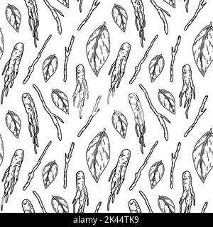 Hand drawn roots and leaves seamless pattern. Vector illustration in sketch style. Forest background. Botany design Stock Vector