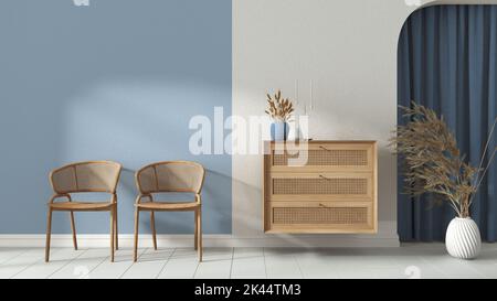 Interior design background in white and blue tones. Living waiting room with rattan armchairs and wooden sideboard, plaster walls. Arched niche with c Stock Photo