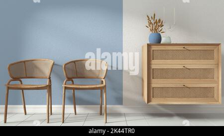 Interior design background in white and blue tones. Living, sitting and waiting room with rattan armchairs and wooden sideboard with decor. Stucco pla Stock Photo