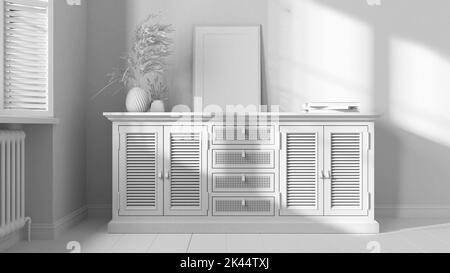 Total white project draft, classic living room. Rattan chest of drawer with decor. Frame mock up. Window with shutters and radiator. Retro interior de Stock Photo