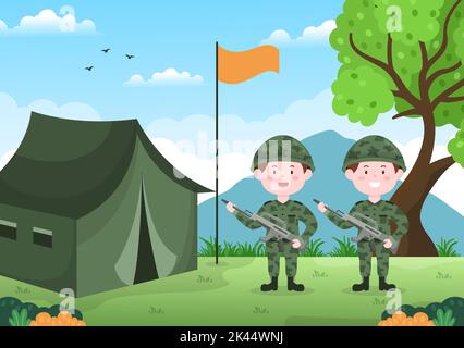 Military Army Force Template Hand Drawn Cute Cartoon Flat Illustration with Soldier, Weapon, Tank or Protective Heavy Equipment Stock Vector