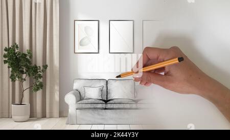 Architect interior designer concept: hand drawing a design interior project while the space becomes real, scandinavian living room with fabric sofa, p Stock Photo