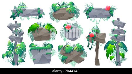 Stone signboards in jungle, pointers and panels with green leaves and lianas. Vector cartoon set of rock boards and direction signs with tropical fore Stock Vector
