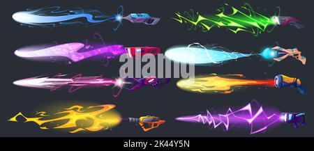 Space blasters and guns with shoot effect with laser, fire and plasma beams. Vector cartoon collection of futuristic alien weapons with energy rays, l Stock Vector