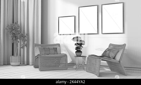 Blueprint unfinished project draft, contemporary living room. Rattan armchairs with pillows, curtains, ladder and potted plants. Frame and parquet, fr Stock Photo