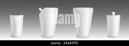 White doy pack, plastic pouch isolated on transparent background. Vector realistic mockup of blank flexible doypack with lid, containers for liquid fo Stock Vector