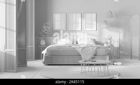 Total white project draft, country bedroom. Mater bed with blanket. Wooden panel and parquet floor, carpet and table, breakfast with cookies. Interior Stock Photo