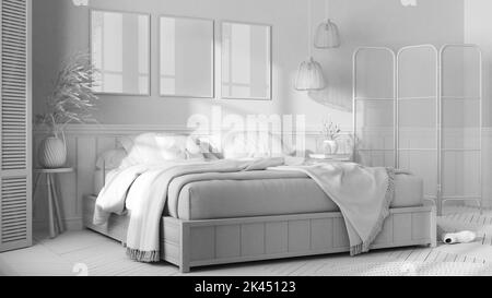 Total white project draft, wooden scandinavian bedroom. Double bed with blankets. Wall panel and parquet floor, carpet.Rattan folding screen and lamps Stock Photo