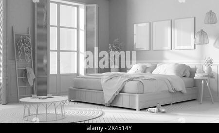 Total white project draft, farmhouse modern country bedroom. Double bed with blankets. Windows with shutters and parquet floor, carpet and decors. Int Stock Photo