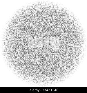 Grain circle gradient. Stippled round shape. Radial stochastic dotwork texture. Random grunge noise background. Black dots sphere. Halftone vector  Stock Vector