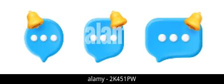 3d render notification speech bubbles with bells, isolated news and income message balloons. Dialogue and chat boxes design elements on white backgrou Stock Vector