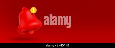 Alert, warning, emergency notification 3d render. Vector bell with exclamation sign on red background. Notice of hacker attack, spam, program error in Stock Vector