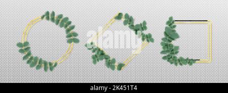 Golden frames with eucalyptus leaves isolated on transparent background. Natural green foliage borders decor of round, square and rhombus shape. Reali Stock Vector